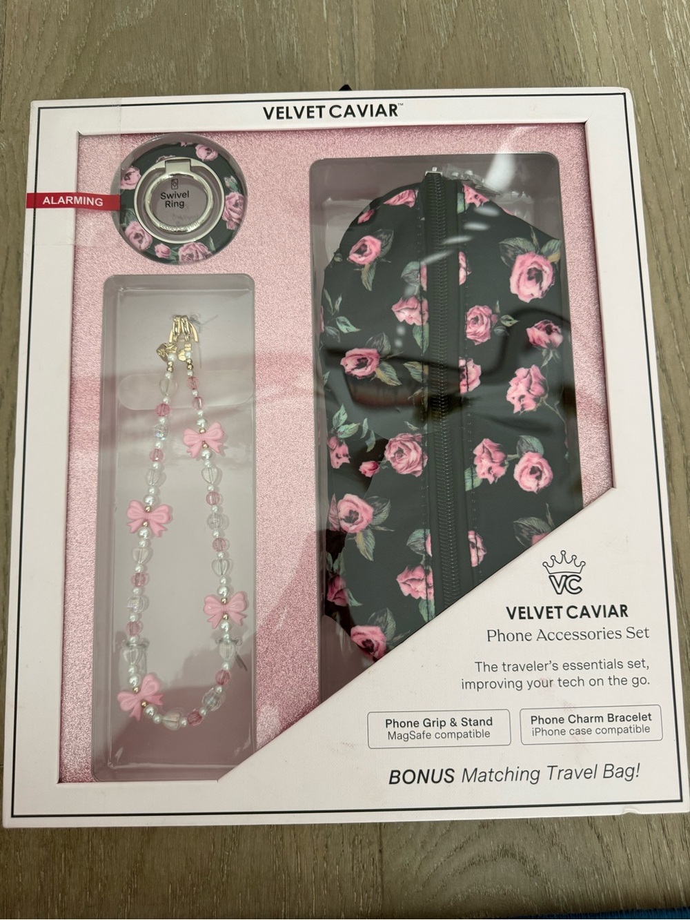 Velvet Caviar Black Phone Accessories Set with Black & Pink Floral Print NIB